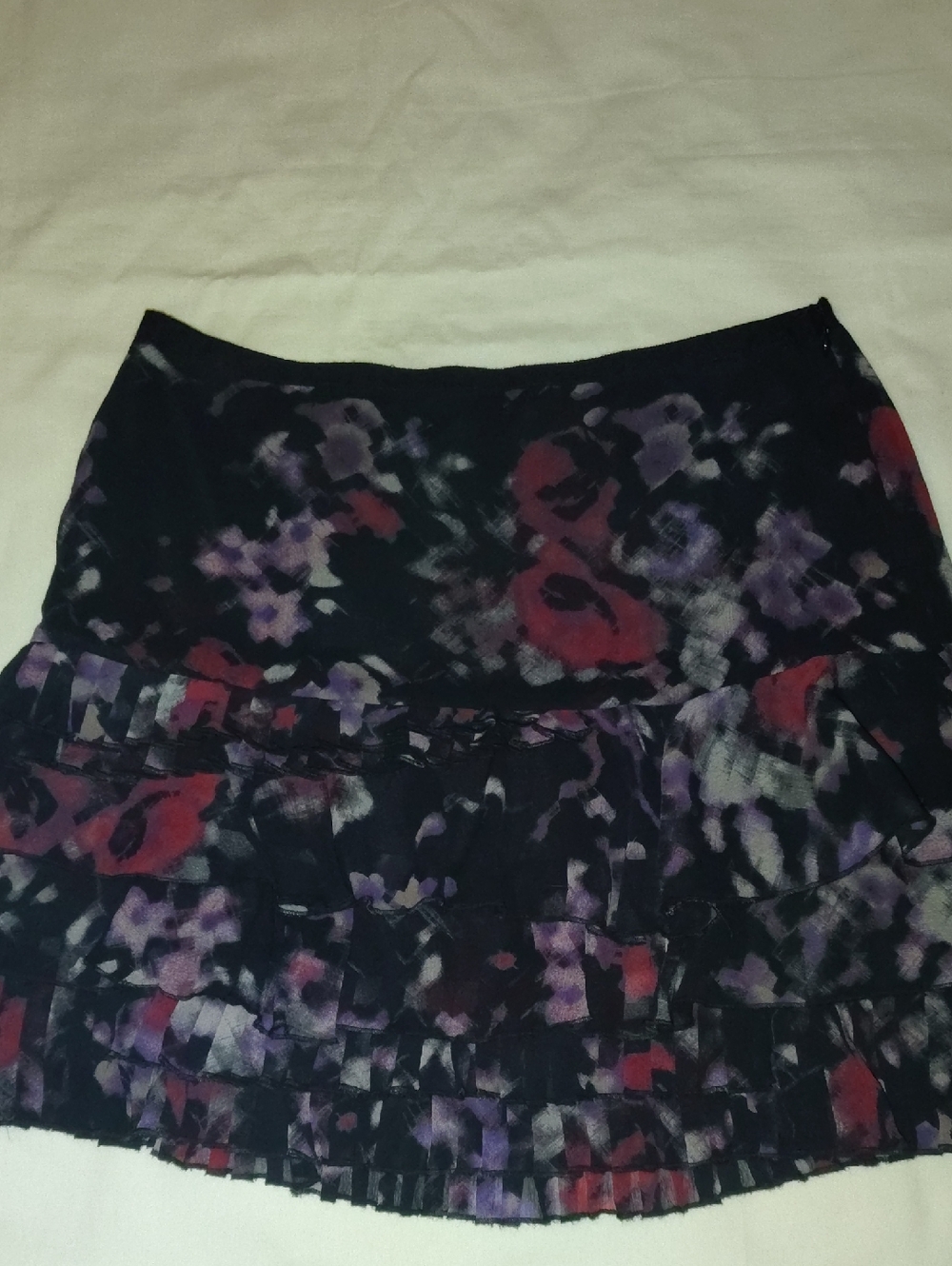 DKNY Black Floral Tiered Mini Skirt with Purple & Red Accents Sheer w/Ruffles M.
